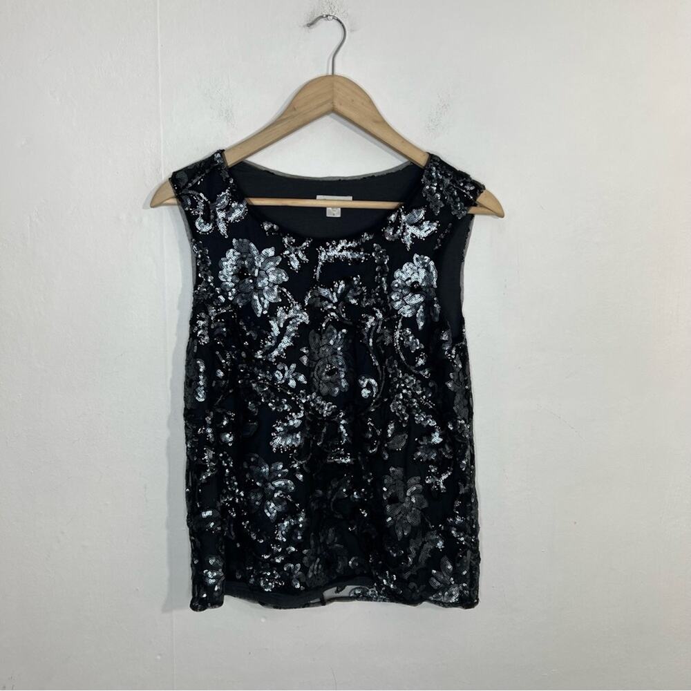 Garnet Hill Black Silver Sequin Floral Sleeveless Top Scoop Neck Size Small